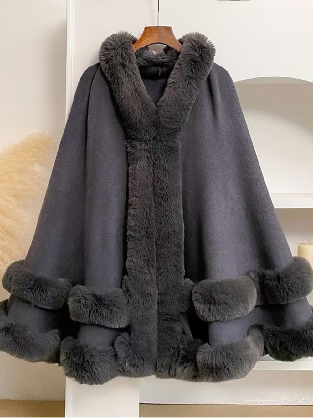 Luxurious Black Faux Fur Trim Cape Coat